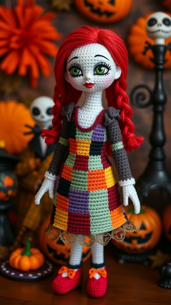 Crocheted doll of Sally from The Nightmare Before Christmas with a patchwork dress.